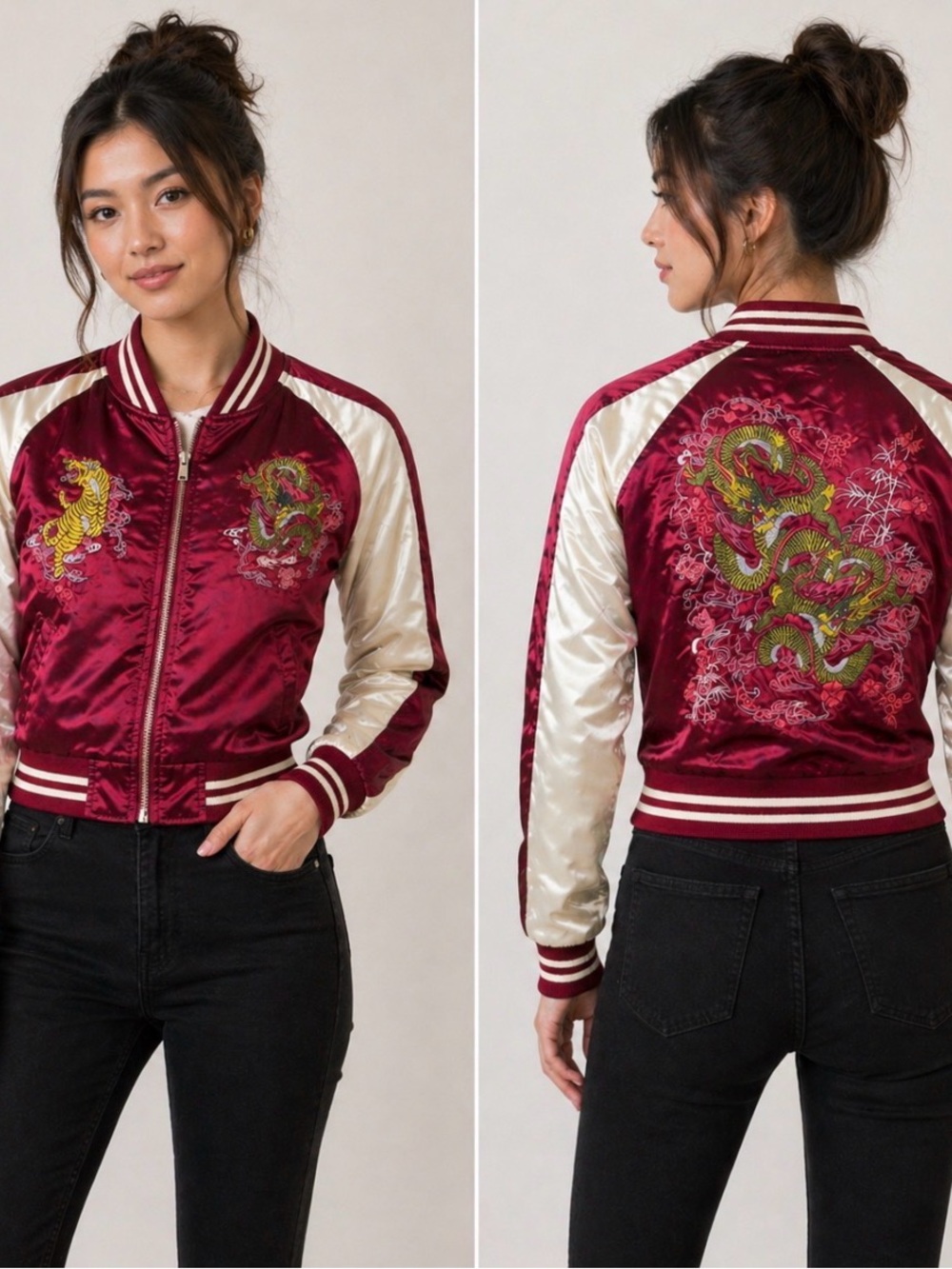 Red Fox Maroon Satin Dragon Embroidered Sukajan Jacket